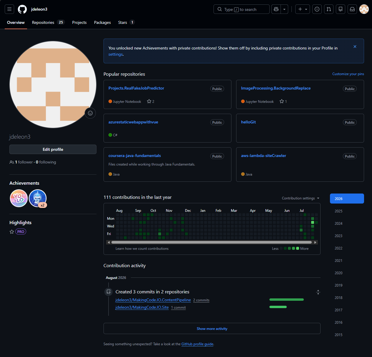 GitHub profile overview before cleanup showing 25 unorganized repositories