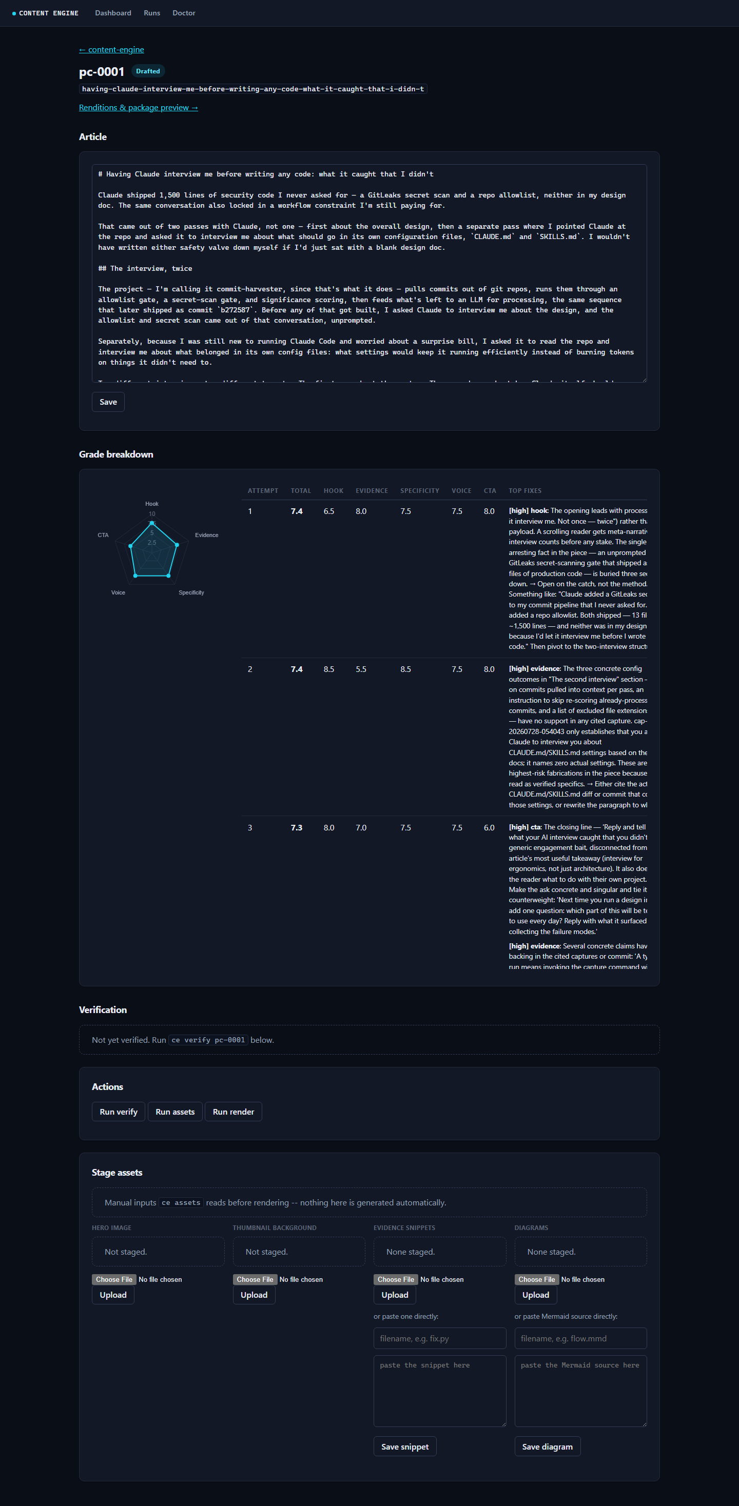 Content Engine Piece Detail, Article Editor, and Radar Grade Breakdown