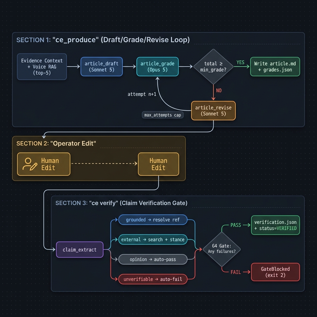 Draft-Grade-Revise Loop and Claim Verification Gate Flowchart